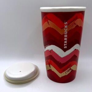Starbucks Red Chevron Ceramic Tumbler w/ White Lid – 2014 Holiday